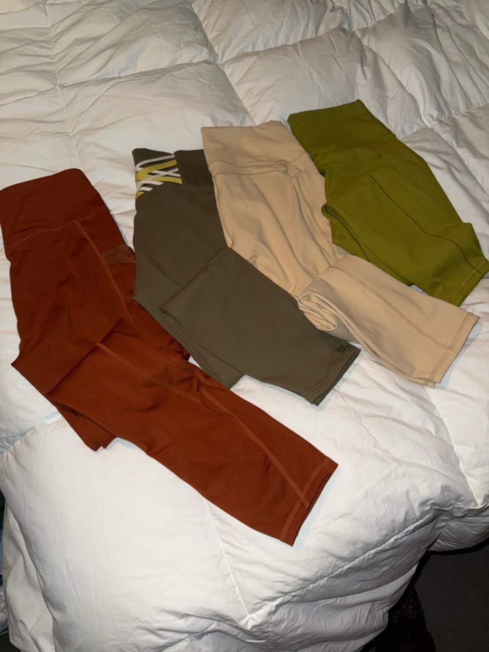 Fabletics Leggings Set in Rust, Olive, Beige, and Green